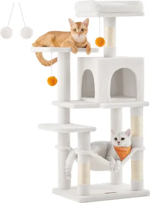 A white cat tree with two cats on it, set against a white background.