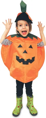 A young child wearing a pumpkin costume.