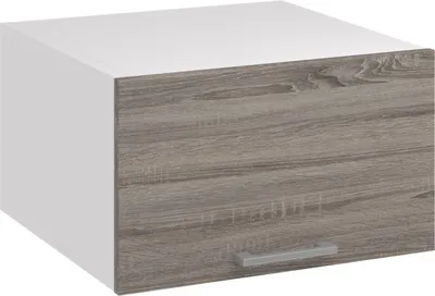 A single kitchen cabinet with a wood-grain drawer front and a silver handle against a white background.