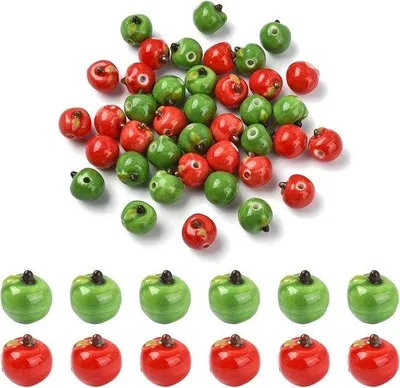 Productafbeelding van Porseleinen kralen 11,5x12,5mm - groene en rode appelvorm - handgemaakt voor sieraden - 40 stuks - m-winkel