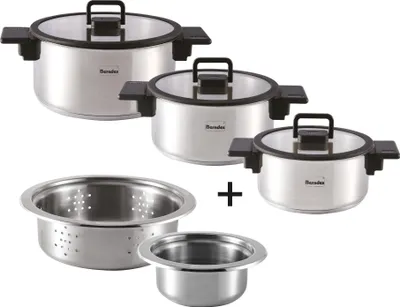 A set of stainless steel pots and colanders arranged on a white background.