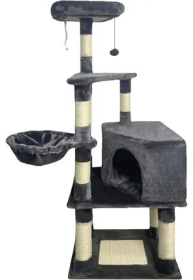 Produktbild von Katzenbaum 55 x 40 x 138 cm, dunkelgrau – 3 Plattformen, 1 Liegeplatz, 1 Versteck, Kratzstämme