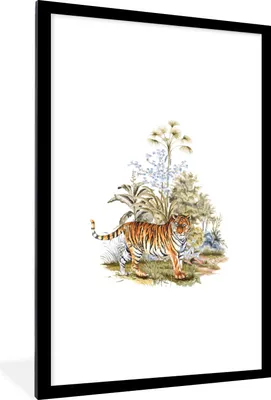 Produktbild von MuchoWow® MuchoWow® Gerahmtes Poster Tiger - Pflanzen - Gras 60x90 cm - Poster mit zchwarzem Bilderrahmen - Dekoration - Wandposter Wohnzimmer - Hochwertig