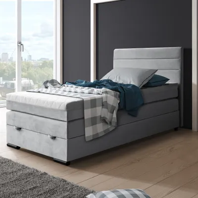 Image de Lit Boxspring Tulia 120 x 200 cm Lit simple avec topper Lit avec matelas à poches et matelas à ressorts Tiroir de lit, Tissu : mono 232 - Gris