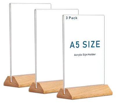 A5 Acryl Tischständer, 3 Stück, mit Holzsockel, T-Ständer