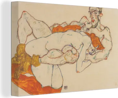 Produktbild von OneMillionCanvasses® - Leinwandbilder - 140x90 cm, Liebespaar - Gemälde von Egon Schiele, Wandbilder Kunstdruck Wanddekoration - Foto auf Leinwand - Gemälde auf Holzrahmen