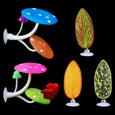 Immagine prodotto di Omgoods - 5 pezzi di amaca a forma di fungo per pesci combattenti (Betta) e cuscini a forma di foglia per acquari - Decorazioni in silicone