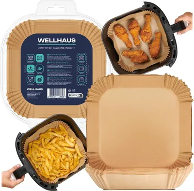 Produktbild von WELLHAUS Backpapier für Heißluftfritteuse, 50 Stück Quadrat 20x20 cm Air fryer Backpapier Antihaft Einwegschalen Luftfritteuse Pergamentpapier