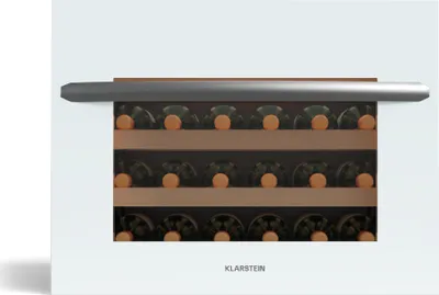 Zdjęcie produktu dla Lodówka do wina Klarstein Vinsider 24 Built-In Uno do zabudowy - 24 butelki, 1 strefa, 5-20 °C, oświetlenie LED, ochrona UV, drewniane półki, cicha, energooszczędna, biała, szklane drzwi