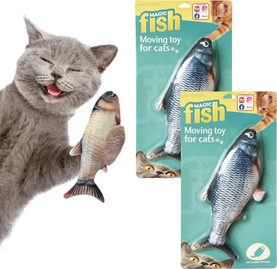 Produktbild von Magic Fish das Original - Katzenspielzeug, 2er Set, zappelnder Fisch, mit Minze, USB, Plüsch, 32 cm - aus TV Werbung