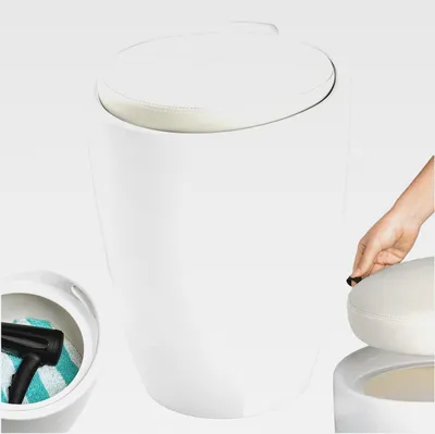 Produktbild von ® Sitzhocker, Badhocker, Hocker mit Stauraum und Sitzkissen, als Badezimmer Deko und Wäschekorb mit Deckel, Möbel für Dusche, Badezimmer, Hocker Schminktisch, Wäschekorb schmal, rund - weiß