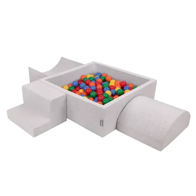 Obrázok produktu pre KiddyMoon Mäkké penové ihrisko pre deti s Štvorec loptičkovým ihriskom (300 ∅ 7 cm) s mäkkými prekážkami a loptičkovým bazénom,  vyrobené v EÚ, Svetlo šedá:Žltá/Zelená/Modrá/Červená/Orang