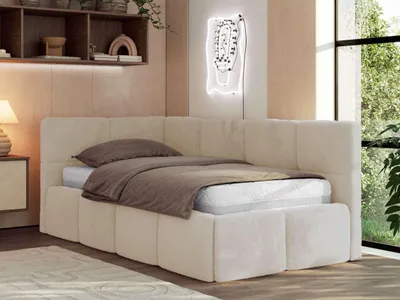 Produktbild von MKS MEBLE Jugendbett 90x200 cm ARVO Polsterbett mit Bettkasten, Mettalrahmen Stauraum & Gasdruckfeder, Multipocket Matratze - Creme Plüsch - Links Seite