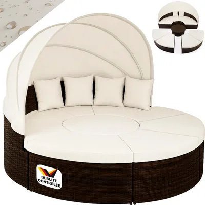 Image de CASARIA® Salon de jardin brun rond 230 cm de diamètre ensemble en polyrotin avec coussins et pare-soleil bain de soleil