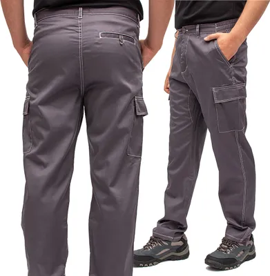 A man wearing gray cargo pants, shown from the back and side.