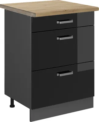 Produktbild von Küchenunterschrank Vicco R-Line Schwarz Hochglanz 60 cm mit Schubladen, AP Eiche, Model 47009