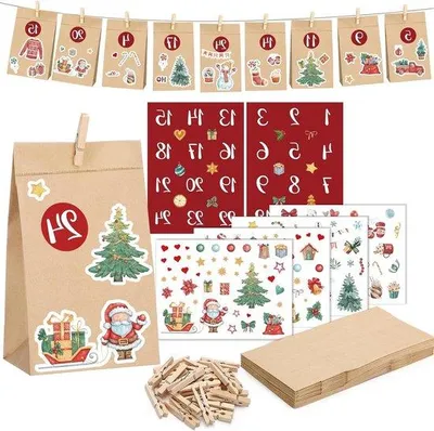Produktbild von Selbstbaufähiger Adventskalender 2025 - 24 Taschen - Braun - Mit Klebemerkern und Klemmen - Taschen für Adventskalender - Für Kinder und Erwachsene
