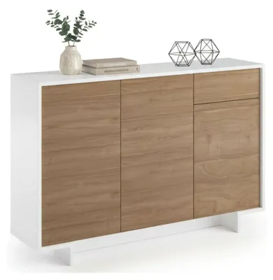 Produktbild von Sideboard Aneto, Wohnzimmer-Sideboard, Wohnzimmer-Buffet mit 3 Türen und 1 Schublade, 100 % Italy, 134 x 35 x 87 cm, Weiß und Eiche