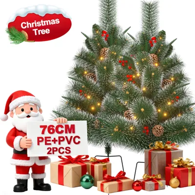 Productafbeelding van XINZI 2x Mini kerstboom, 76 cm, PE+PVC | 30 warmwitte LED-lampjes, dennenappels, grondpen | Compact, geschikt voor tafel of vensterbank – Type B