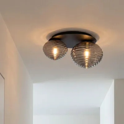 Produktbild von Deckenlampe Metall Rauchglas 45 cm breit Schwarz E27 2-flammig Modern Deckenleuchte Flur Küche