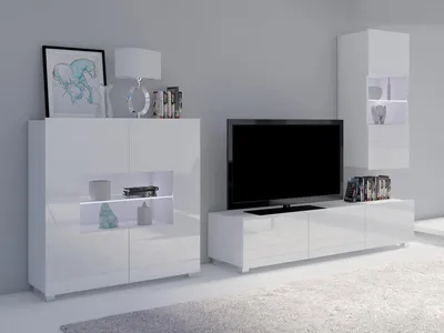 Produktbild von Wohnzimmer-Set CALABRINI-7 Wohnwand Hängewohnwand Schrankwand mit LED-Beleuchtung TV-Schrank Vitrine Kommode Moderne Anbauwand Hochglanz (Weiß)