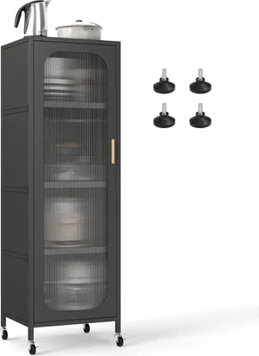 A black kitchen cabinet with glass doors and wheels, shown with four adjustable feet next to it.