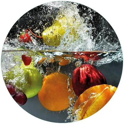 Produktbild von Wallario Premium Glasbild, freischwebende Optik, kräftige Farben, rund 50cm Durchmesser, Motiv Früchte im und unter Wasser - Splashing Fruits