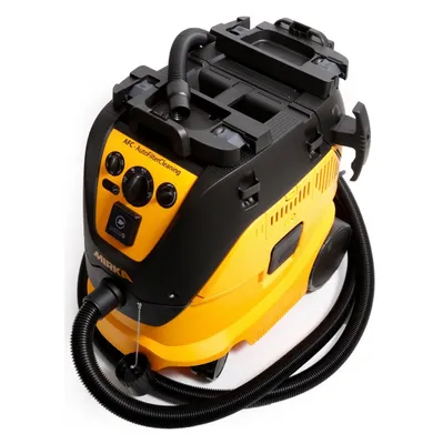 A yellow and black industrial vacuum cleaner is shown from a slightly elevated angle against a white background.
