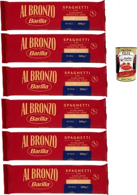 Produktbild von Barilla Al Bronzo Spaghetti N.305 6x500g – 3 kg Vorratspack, extraraue Bronze-Textur für maximalen Saucenhalt, al dente in 11 Min., 100% Hartweizengrieß – aus Italien + Italian Gourmet polpa