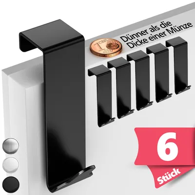 Produktbild von Lindenstein Premium Türhaken zum Einhängen, 6er-Set – Schwarze Kleiderhaken für die Tür aus Edelstahl, formstabile Türgarderobe mit hoher Tragkraft