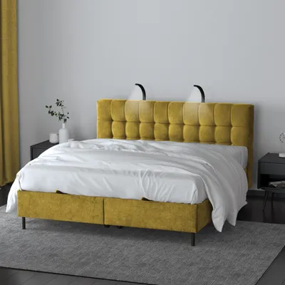 Produktbild von Boxspringbett Muna Doppelbett mit Pocketmatratze 17 cm Topper Bett mit Bettkasten Polsterbett aus velours, Große: 186 x 200 cm, Stoff: aston 08 - gelb