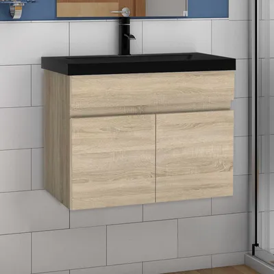 Produktbild von Waschtisch mit Unterschrank 60cm BERGEN Badmöbel Set Eiche Waschbecken Schwarz mit Unterschrank MDF Softclose