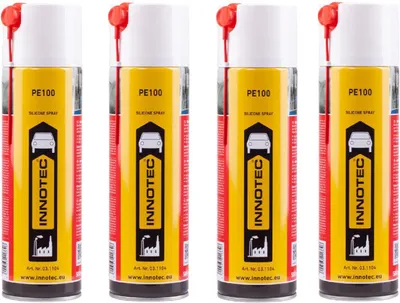 Produktbild von 4 Stück Innotec Silikonspray PE100 - Schmiermittel schmiert, pflegt & schützt langanhaltend Gummi-, Kunststoff-, Holz- und Metallteile - Servicespray