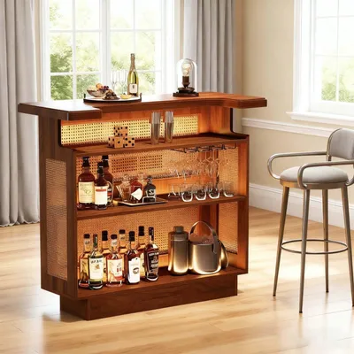 Immagine prodotto di Tavolino in rattan con 4 vani portaoggetti - Mobiletto bar - Carrello di servizio - Tavolino per bevande - Piano bar - 4 portabicchieri