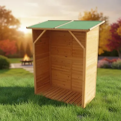 A wooden firewood shed with a green roof sits in a grassy yard with a fire pit in the background.