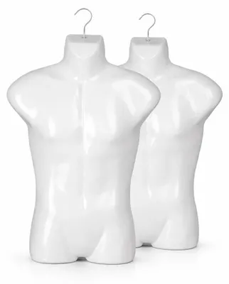 Produktbild von 2 Stück Herrentorso 78 cm Weiß – Torso männlich Kunststoff Oberkörper Halbplastik – Mannequin Büste Halbschale Herrenbody Schaufensterpuppe mit Haken Dekotorso