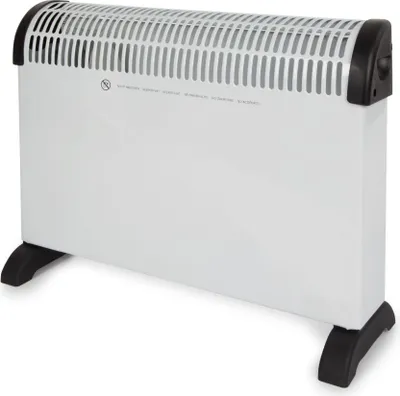 A white electric heater with black feet and accents, shown from a slight angle against a white background.