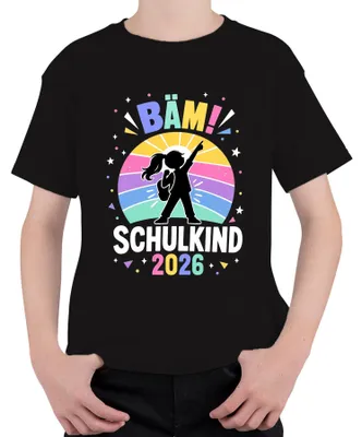 Obrázek produktu pro Tričko pro dívku, "Bäm Schulkind 2026", motiv "První den ve škole", duhový motiv, velikost 152, barva černá