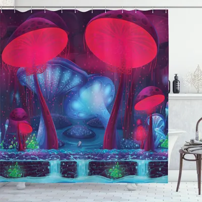Obrázok produktu pre ABAKUHAUS Hubová sprchová záves, Magické huby s autentickou ilustráciou Očarujúci les Psychedelický vzor, 175 x 220 cm, modrá červená