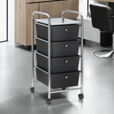 Produktbild von Badregal Rollwagen Rollcontainer GINA, mit 4 schwarzen Schubladen und Metallgestell in chrom