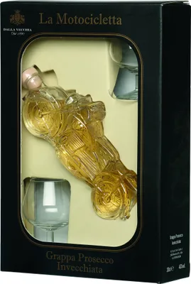 Obrázok produktu pre Grappa Prosecco Invecchiatl v tvare motorky s 2 pohármi
