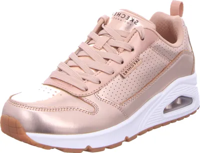 A single Skechers Uno-Metallixs sneaker in rose gold, white, and brown.