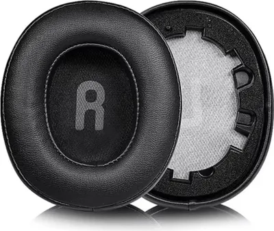 Two black headphone ear pads are shown against a white background. One ear pad is shown from the front, with a gray 'R' logo visible in the center. The other ear pad is shown from the side, revealing its internal foam and fabric lining.
