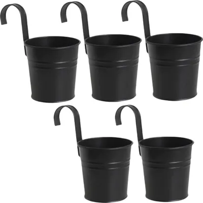Image de Pots de fleurs suspendus - 5 pièces seau en métal bac à plantes pot, support de fleurs avec crochets pour la décoration intérieure et extérieure - Noir