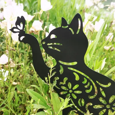 Garten-Deko-Pfahl: Schwarze Katzensilhouette aus Metall, 27,5 cm