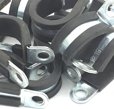 Produktbild von 10 Stück x 19 mm, gummierte Kabel-P-Clips, Stahlschlauch-P-Klemmen