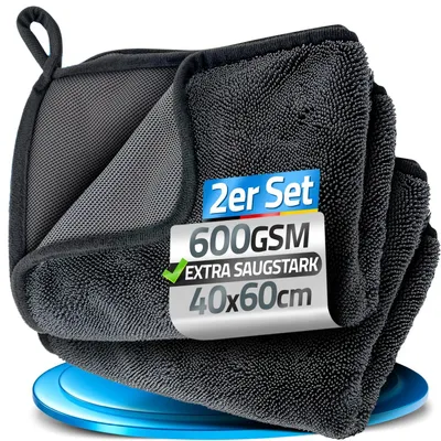 Produktbild von Mikrofasertuch 600GSM - Trockentuch Badezimmer - Auto Mikrofasertuch - Set von 2 - 40x60 cm - Schnelltrocknend und Saugfähig