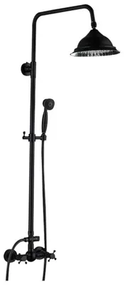 Image de Ensemble de douche vintage - Robinetterie murale - Douche à effet pluie et douchette à main - Pomme de douche de 20 cm - Acier inoxydable et laiton - Réglable en hauteur de 80 à 120 cm - Noir