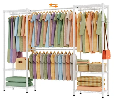 Produktbild von Teleskop-Kleiderständer mit 4 Kleiderstangen und 6 Metallregalen, höhenverstellbar, offenes Kleiderschrank-System (182-240) xH180 cm, Weiß