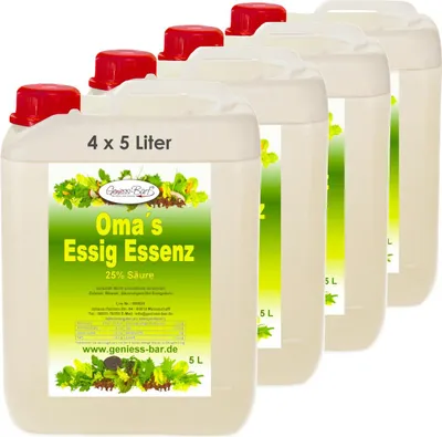 Produktbild von 4x 5L Oma`s Essigessenz 25% Säure Unser Geschmackssieger für die gute Küche & Haushalt / Entkalken / Reinigen ohne Chemie mit Essig Essenz